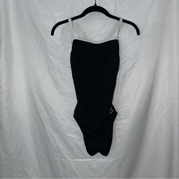Speedo One Piece Swimsuit Endurance Racerback Flyback Solid Black White - Picture 1 of 5